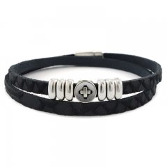 Leren armband black silver