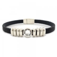 Leren armband zwart met witte puntsteen