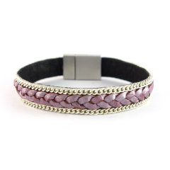 Leren armband gevlochten roze